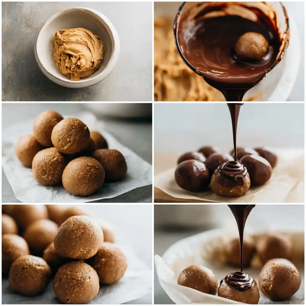 Step-by-step process of making peanut butter chocolate balls