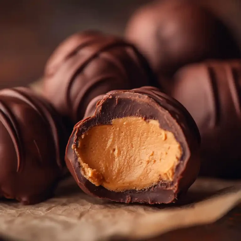 Close-up of peanut butter chocolate balls with chocolate coating