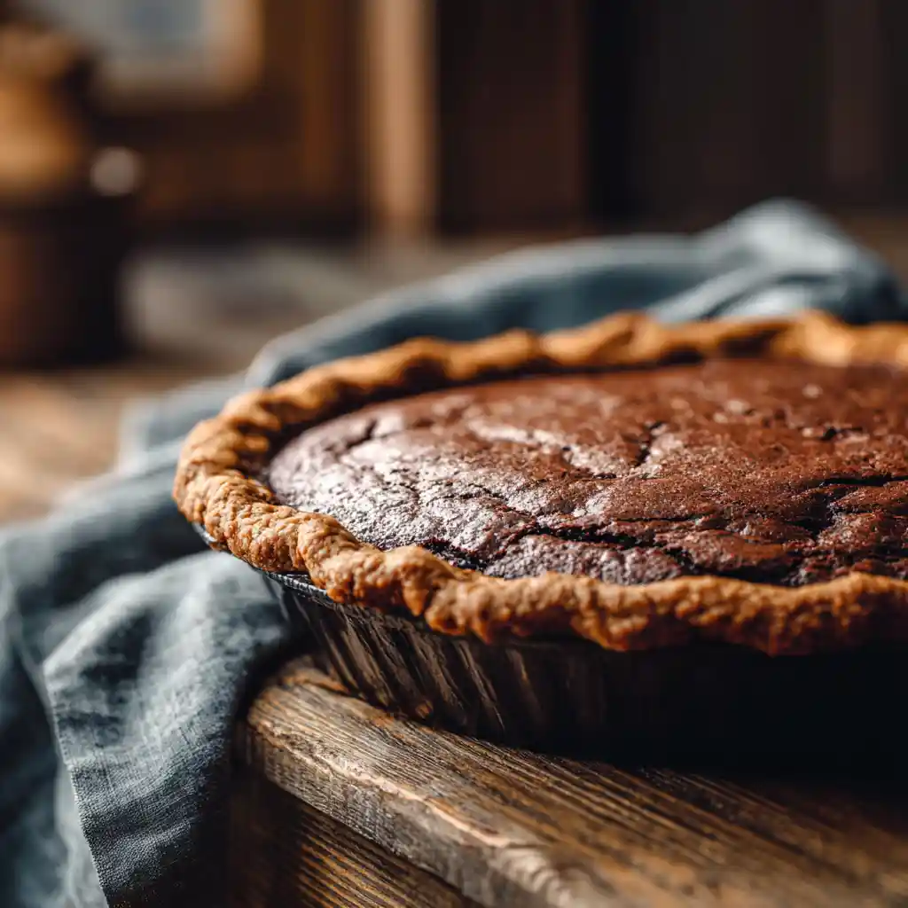 recipe for chocolate chess pie on wooden counter