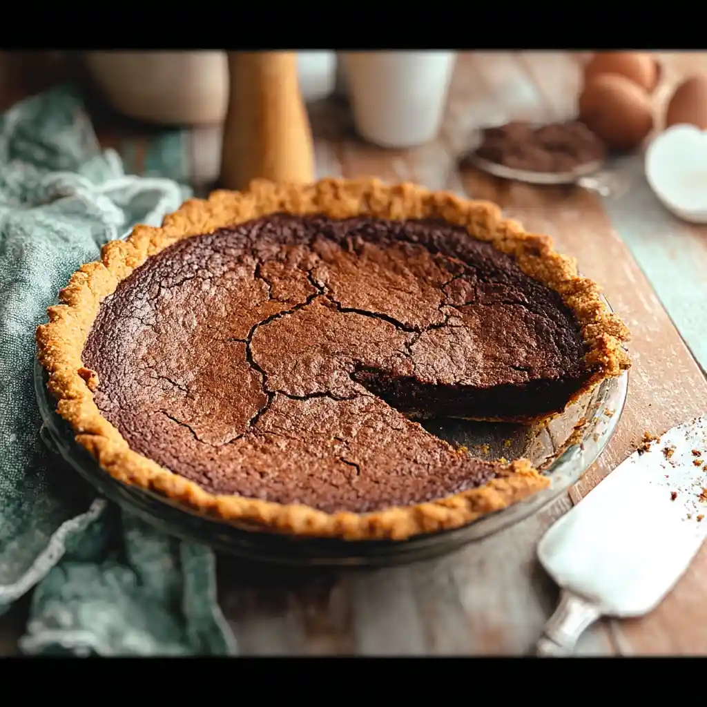 recipe for chocolate chess pie on wooden counter