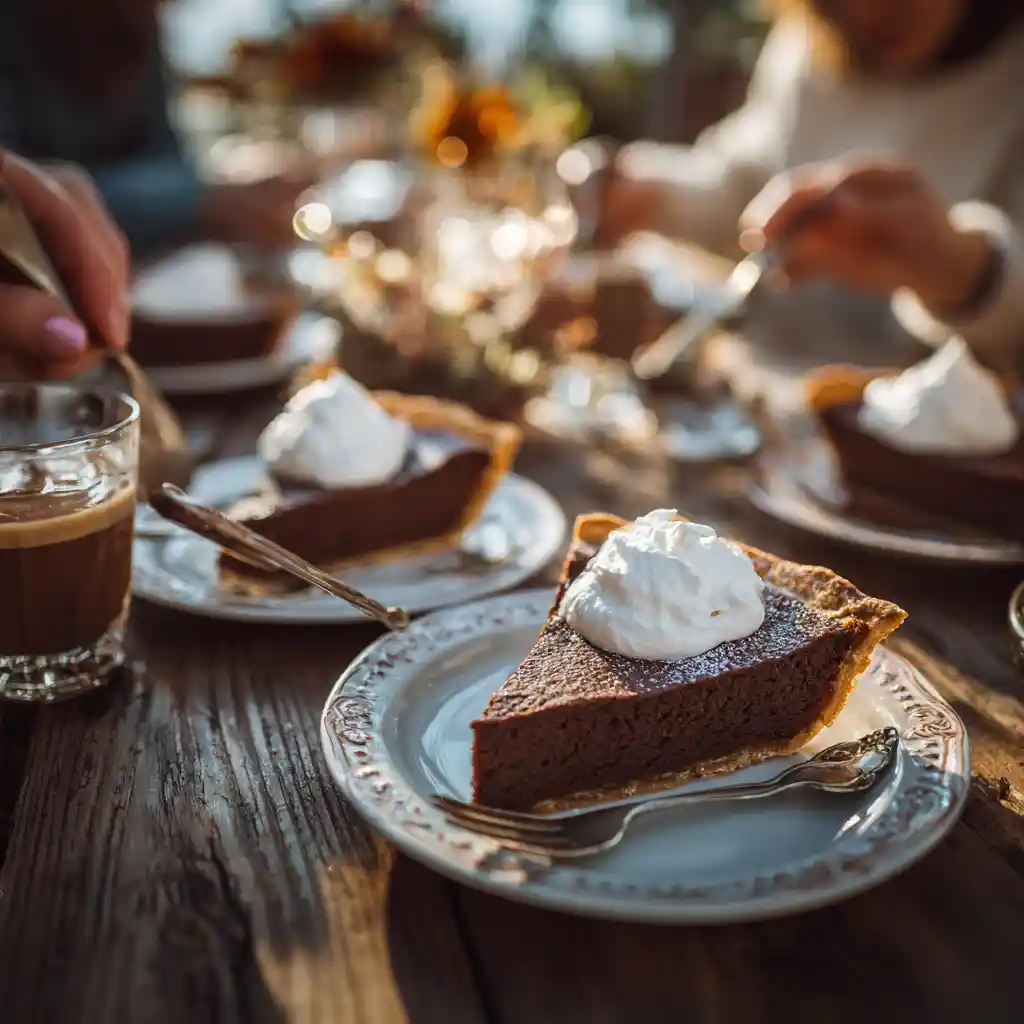 serving chocolate chess pie at table