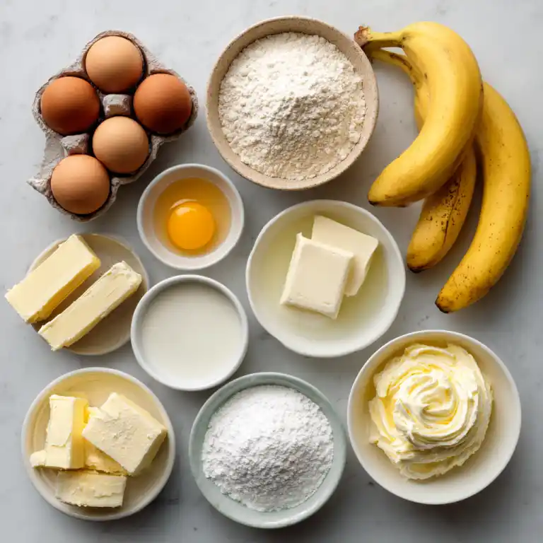 Ingredients for banana bars with cream cheese frosting