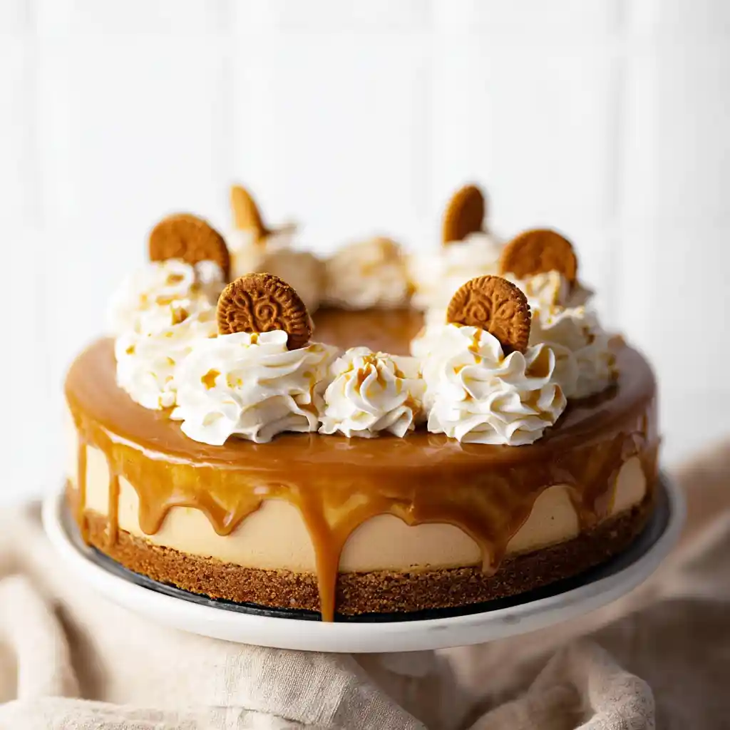 Biscoff cheesecake with cookie butter topping and whipped cream