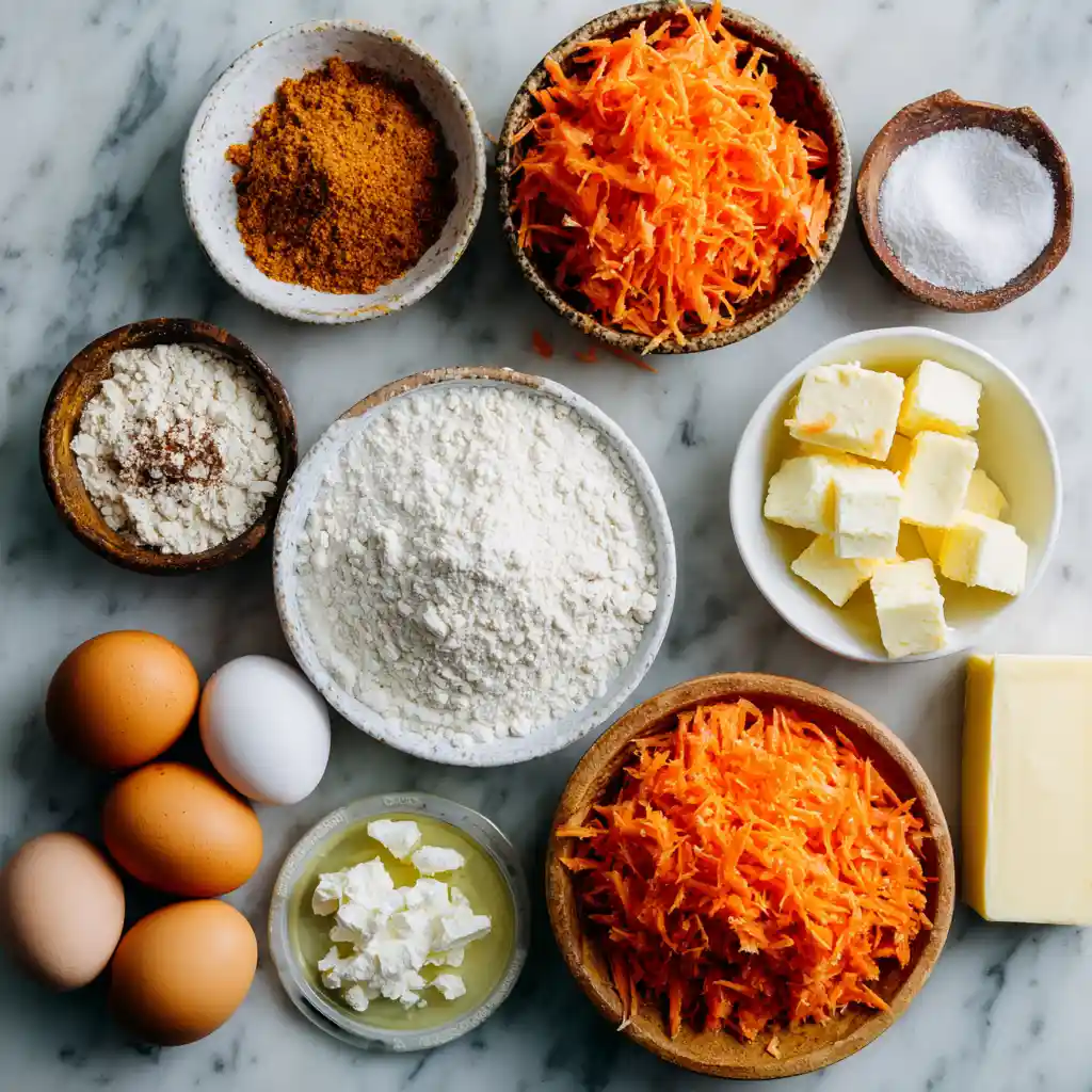 Ingredients for carrot cake bars including carrots and spices