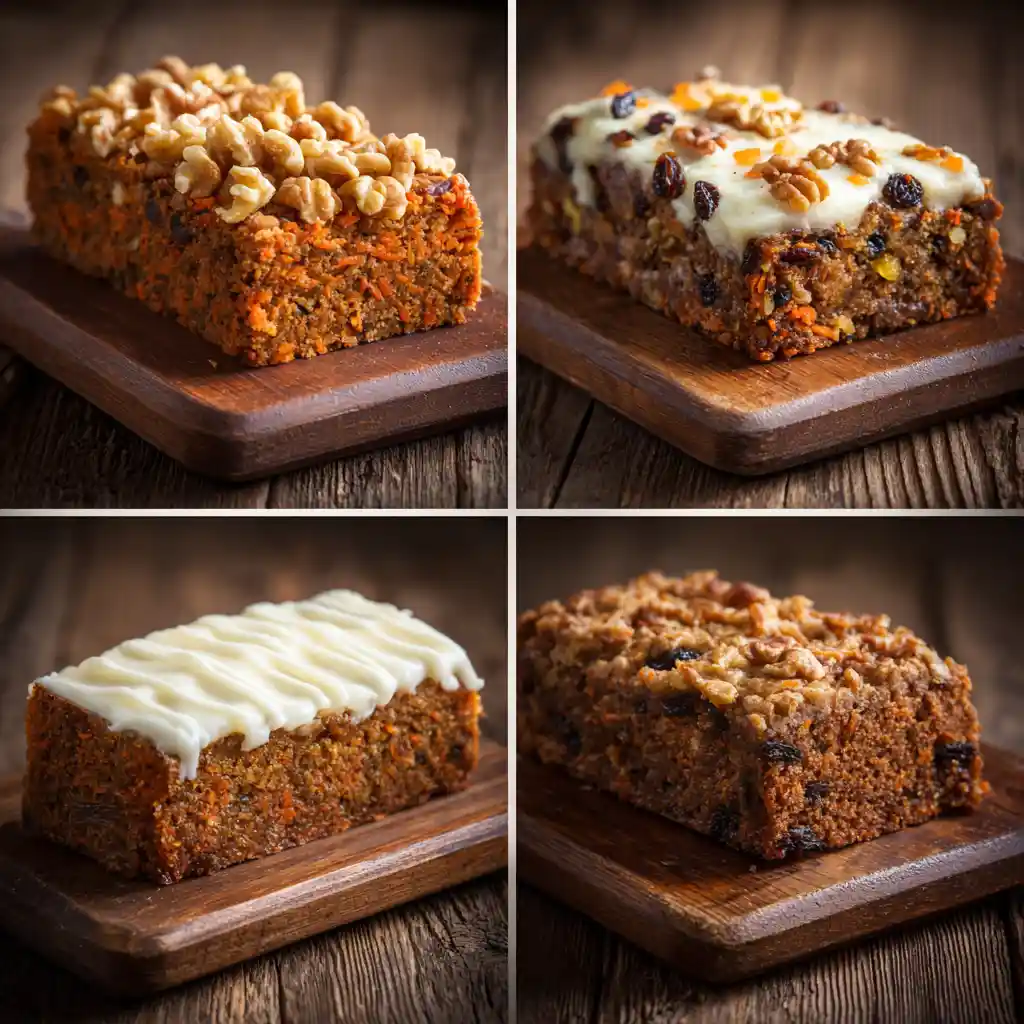 Variations of carrot cake bars with nuts and raisins
