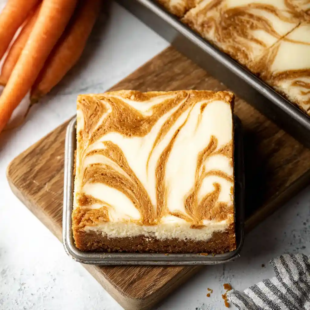 Carrot cake cheesecake bars with swirl pattern