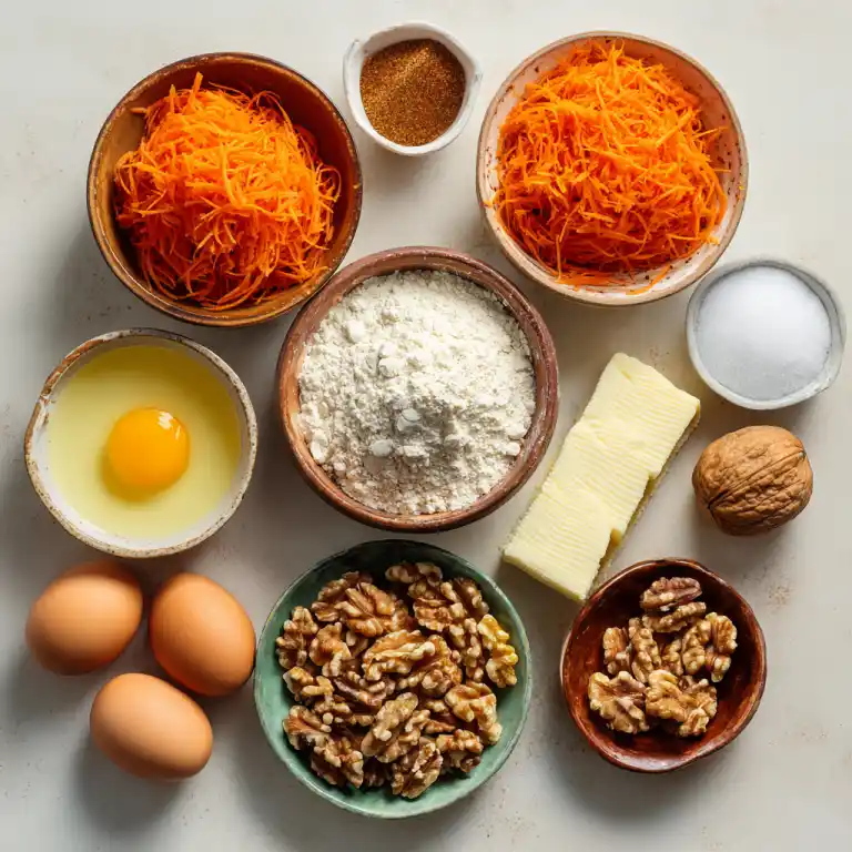 Ingredients for carrot cake layer cake with cream cheese frosting