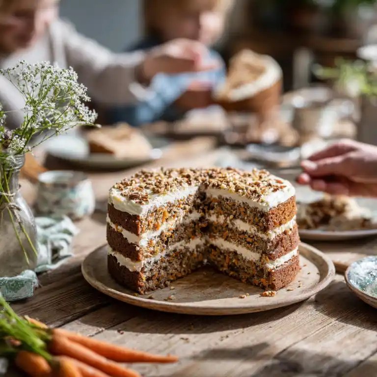 Carrot cake layer cake served at celebration