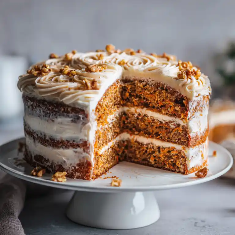 Slice of carrot cake layer cake with cream cheese frosting
