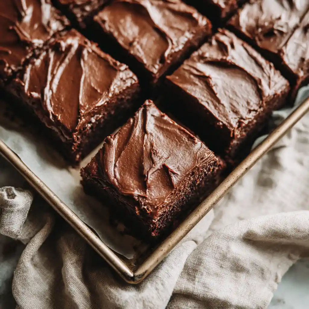 Chocolate sugar cookie bars sliced in baking pan with chocolate frosting