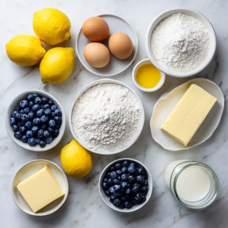 Ingredients for lemon blueberry cake including lemons and blueberries