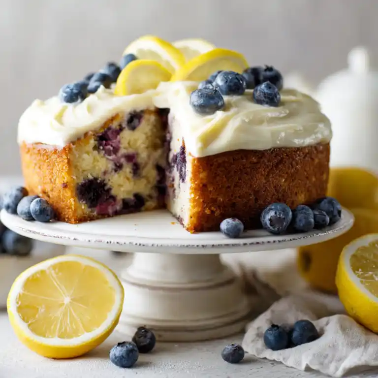 Lemon blueberry cake served at family table