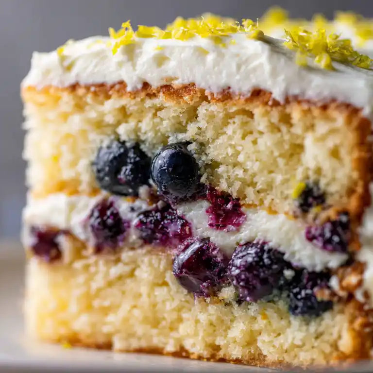 Close-up slice of lemon blueberry cake with juicy blueberries