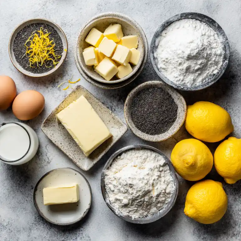 Ingredients for lemon poppy seed cake with cream cheese frosting