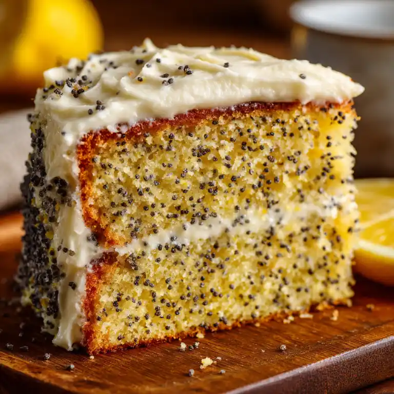 Slice of lemon poppy seed cake with cream cheese frosting