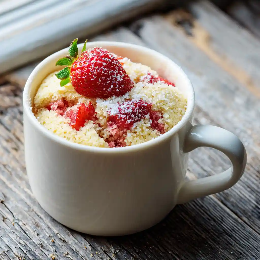 Light Strawberry Mug Cake in white mug with fresh strawberries