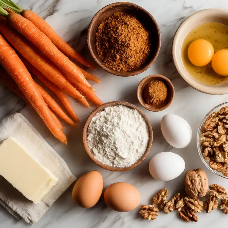 Ingredients for moist carrot cake including carrots and brown sugar