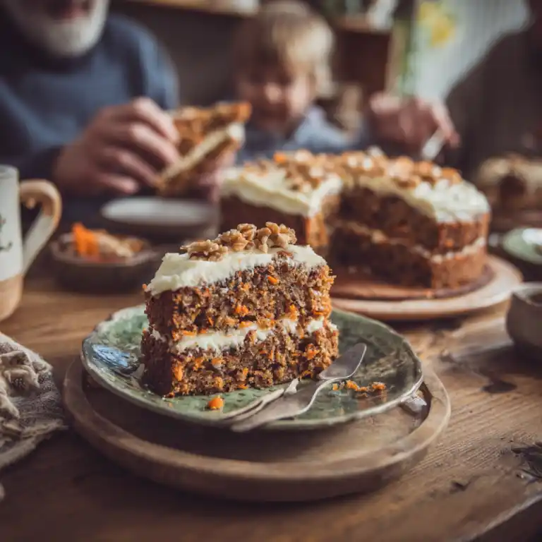 Moist carrot cake served at family table