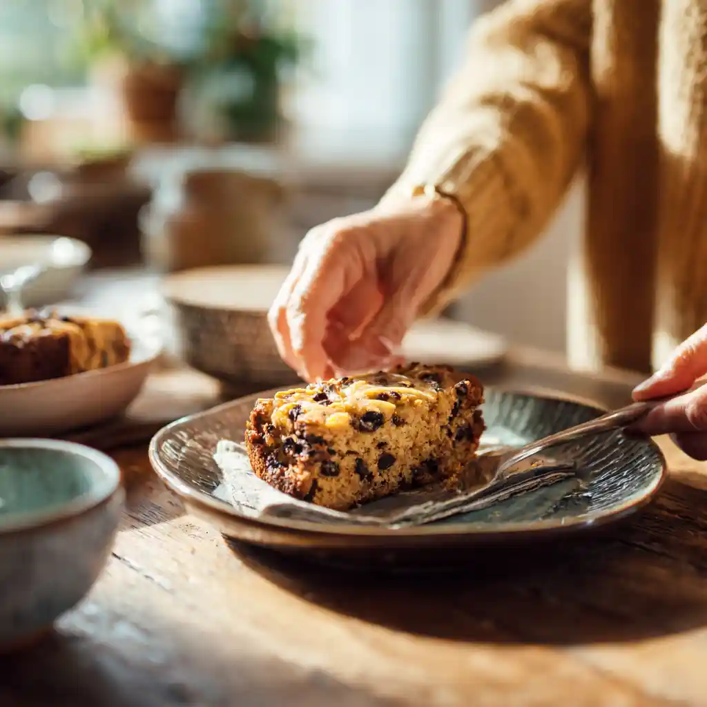 Serving banana chocolate chip bars at table