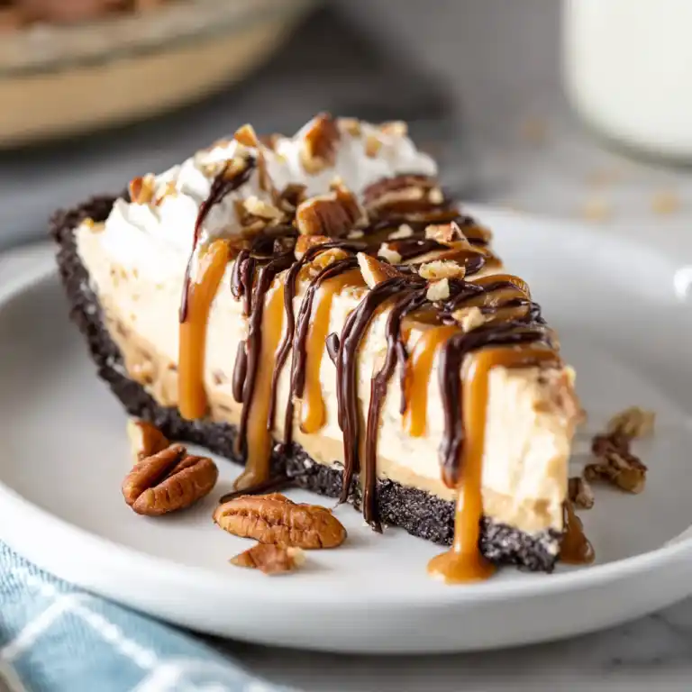 Turtle pie slice with caramel chocolate and pecans