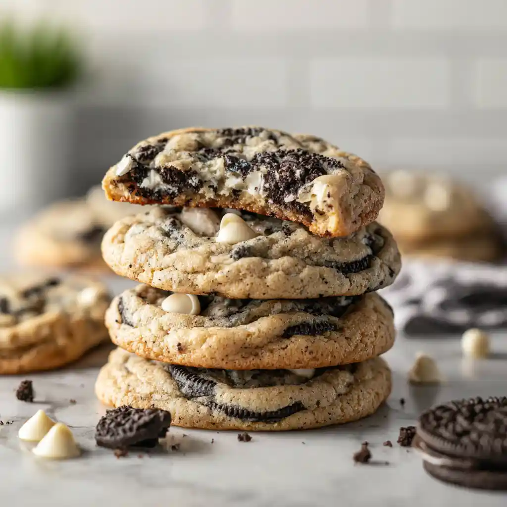 bakery style cookies and cream cookies stacked showing thick gooey center