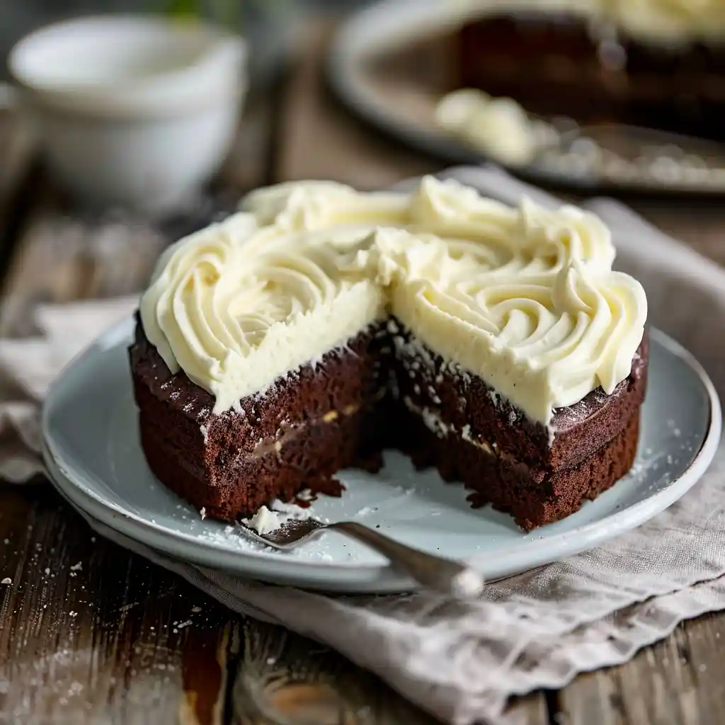 chocolate cake with white chocolate frosting sliced on plate