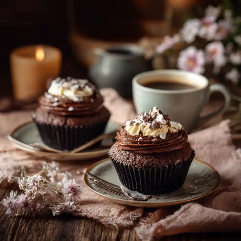 serving chocolate cupcakes for two with coffee