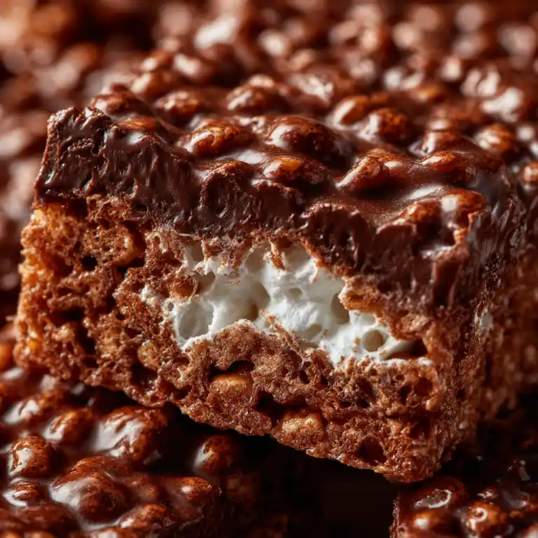 close up chocolate rice krispie treats texture