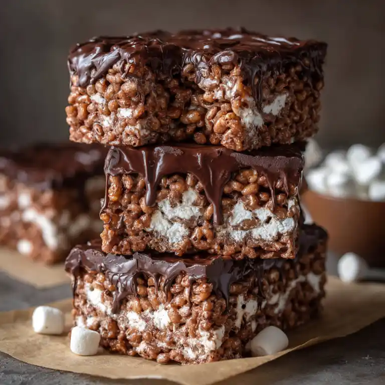chocolate rice krispie treats stacked with chocolate topping