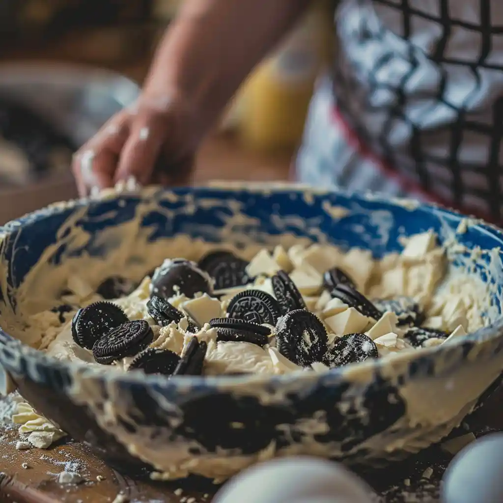 mixing dough for bakery style cookies and cream cookies