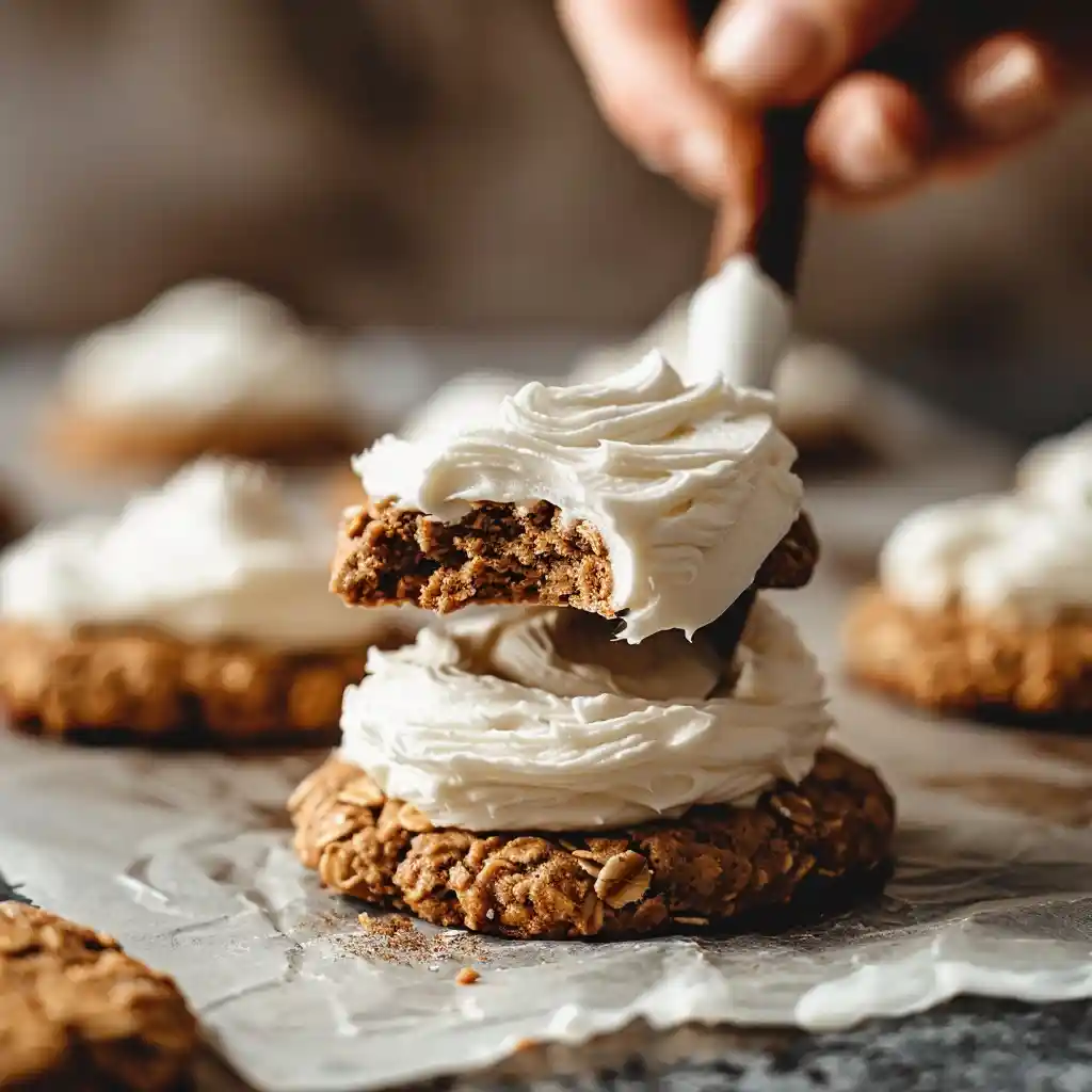 adding frosting to gingerbread oatmeal cookies