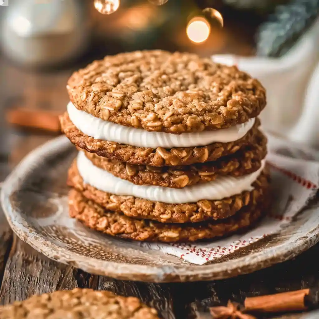 gingerbread oatmeal cream pies stacked with cream cheese filling