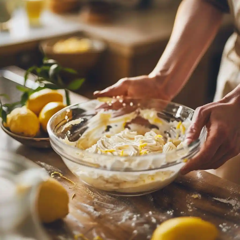 mixing lemon cake batter for lemon layer cake