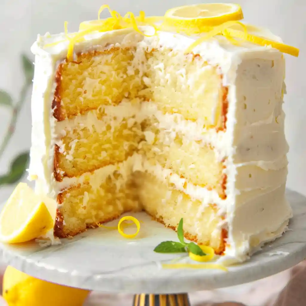 lemon layer cake with lemon cream cheese frosting and lemon slices