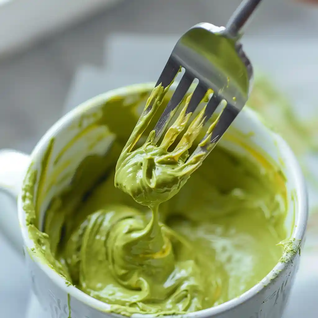 mixing matcha latte mug cake batter