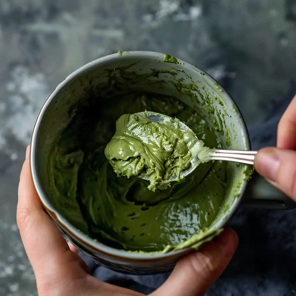 mixing matcha green tea mug cake batter