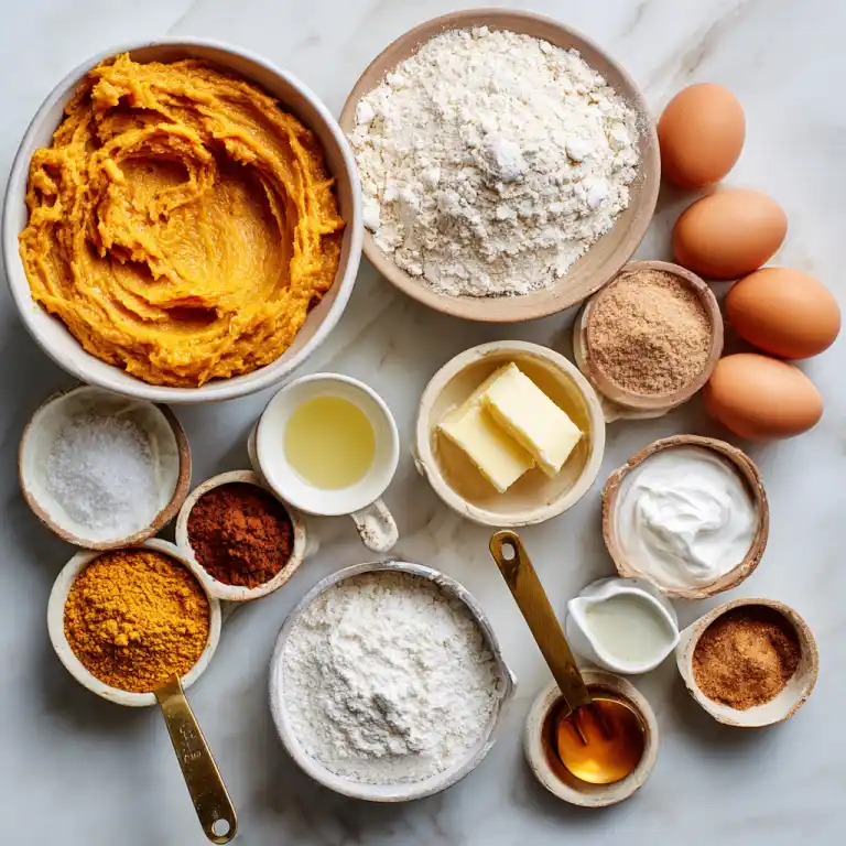 ingredients for pumpkin bundt cake recipe on baking counter