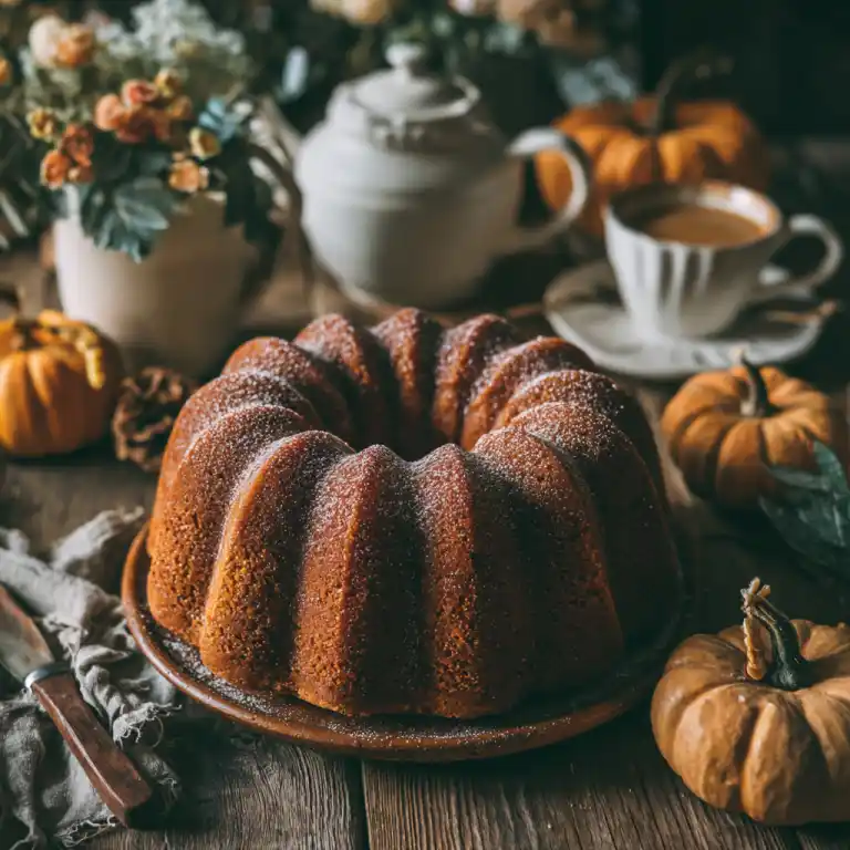 serving pumpkin bundt cake recipe at fall gathering
