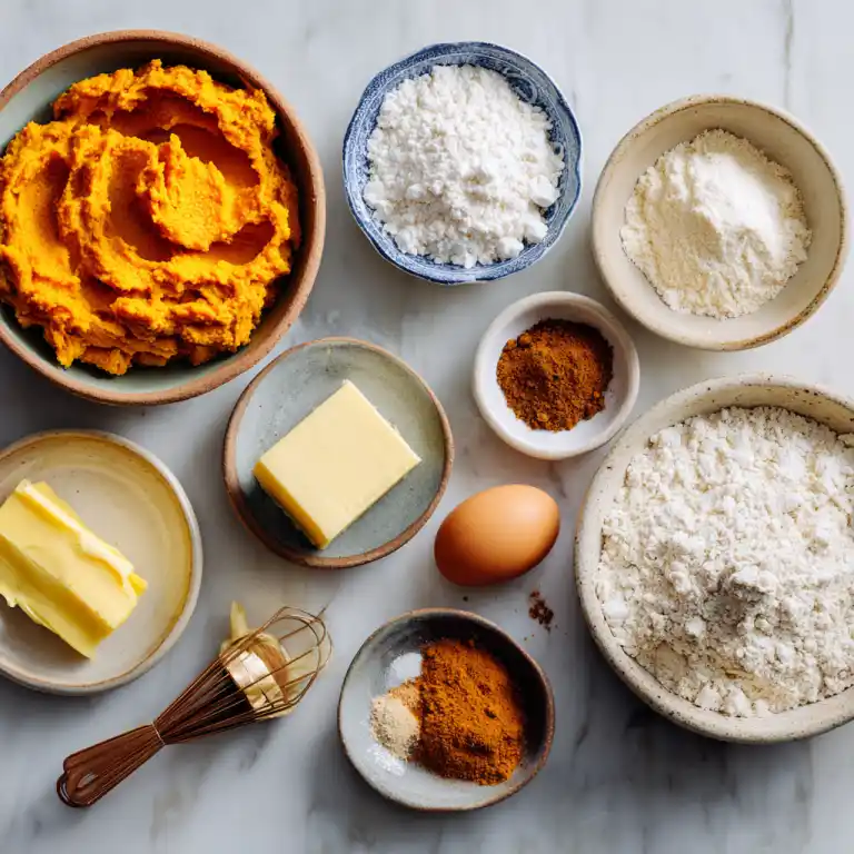 ingredients for pumpkin cheesecake cookies on baking table