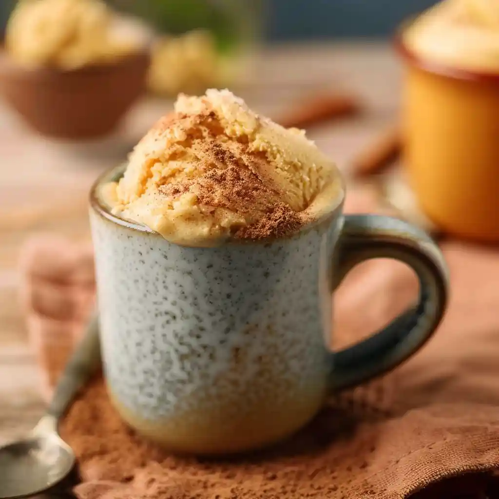 Pumpkin Ice Cream Mug Cake in a mug with soft pumpkin texture