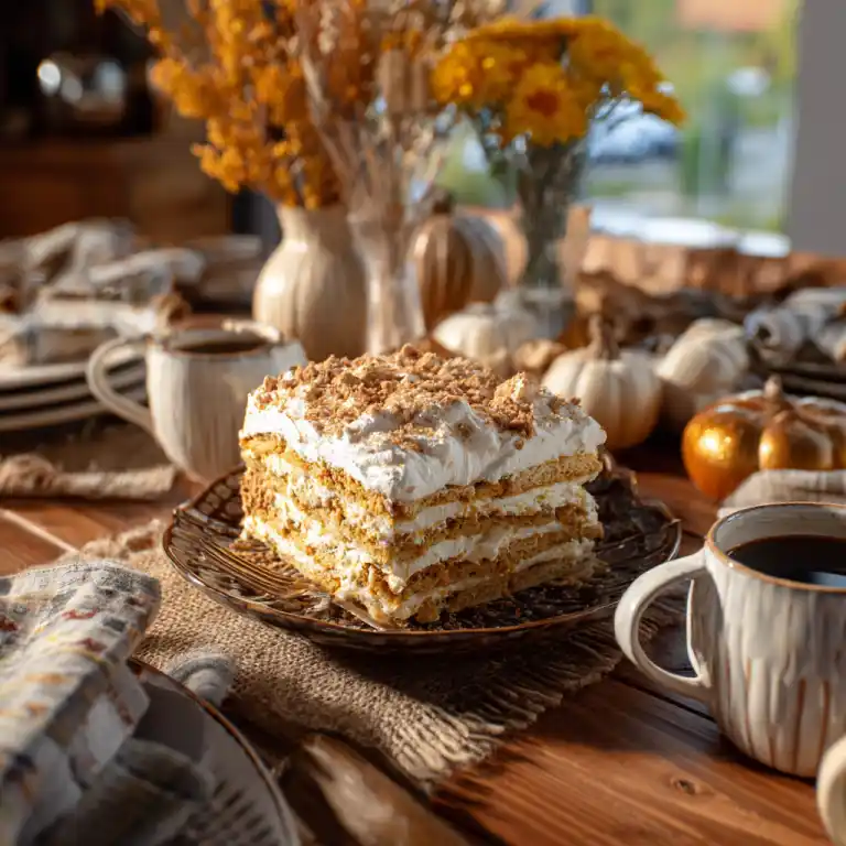 serving pumpkin icebox cake at fall gathering