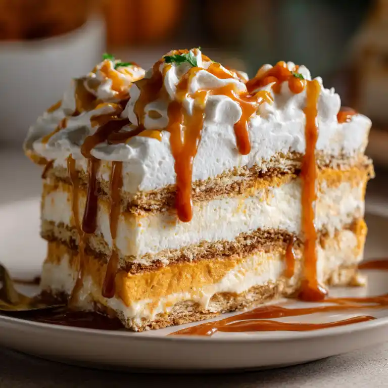pumpkin icebox cake with caramel drizzle