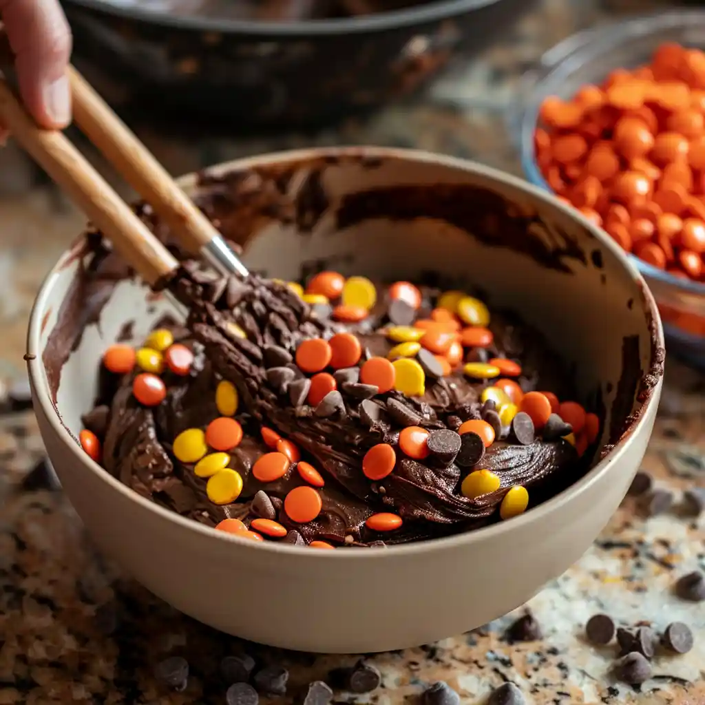 mixing dough for Reese’s double chocolate cookies