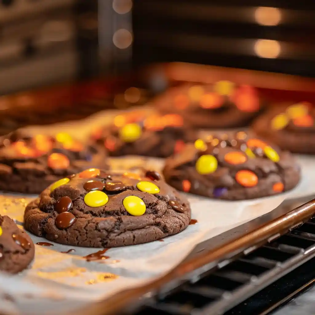 Reese’s double chocolate cookies baking on tray