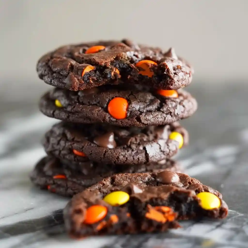 Reese’s double chocolate cookies stacked with Reese’s Pieces candy