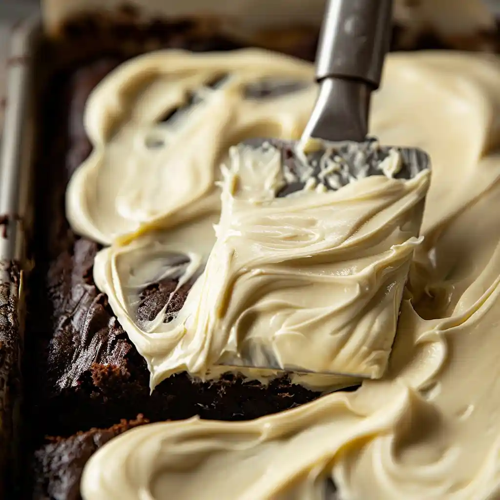 spreading white chocolate frosting on chocolate cake