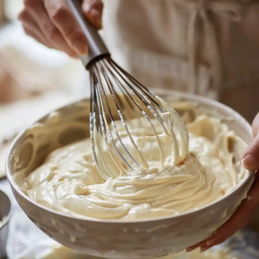 mixing batter for almond cake with raspberry frosting
