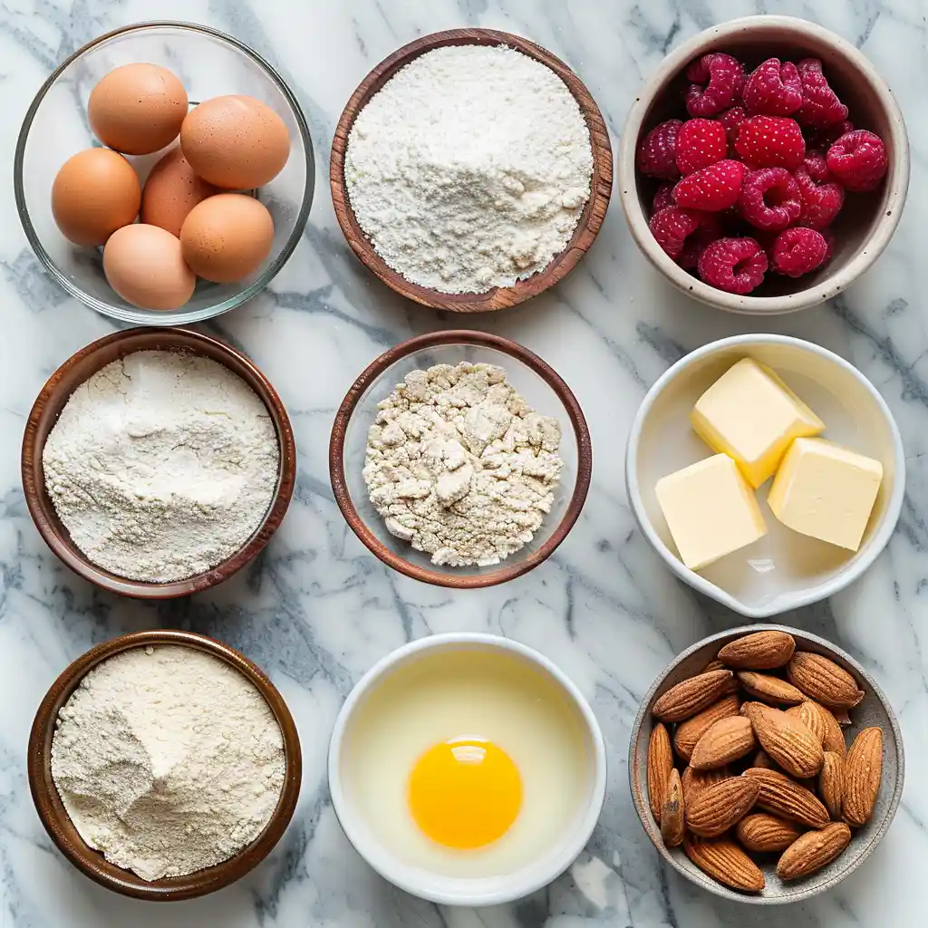 ingredients for almond cake with raspberry frosting