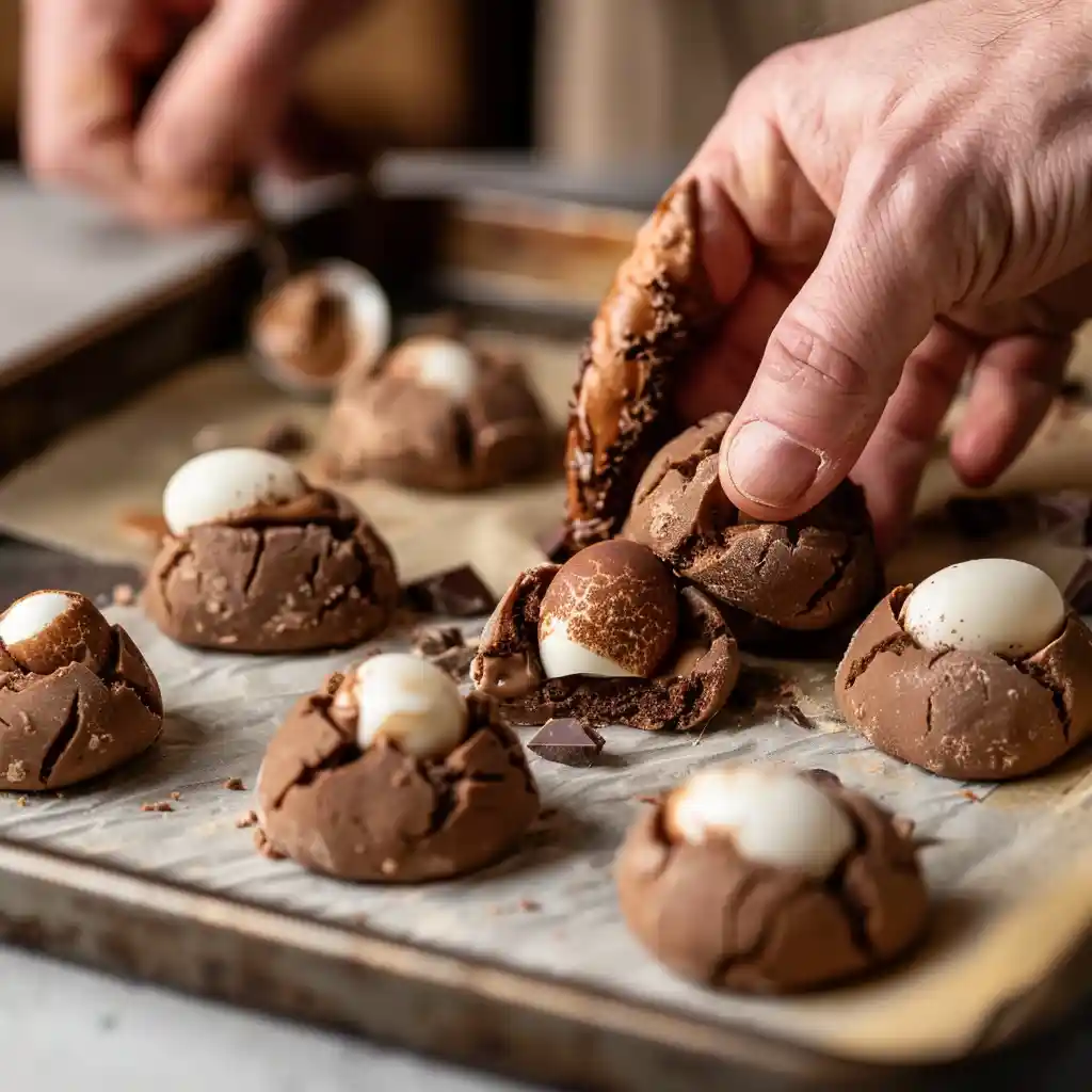 wrapping cookie dough around creme egg stuffed cookie process