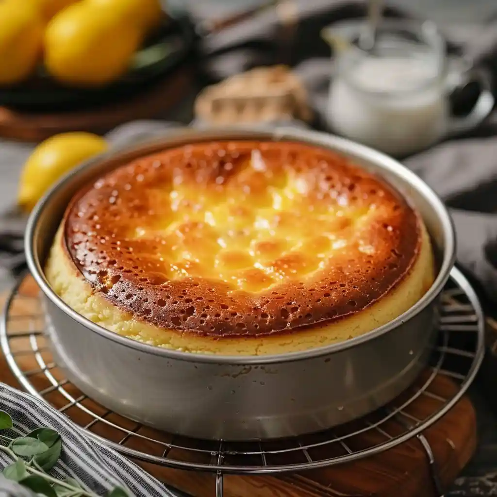 baked lemon cottage cheese cake in pan